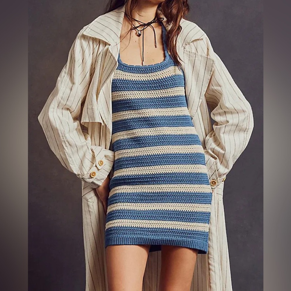 Free People Blue and Cream Striped Crochet Tank Dress